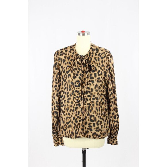 REFORMATION Marcy Leopard Print Georgette Neck Tie Button Up Blouse, Size L - Picture 2 of 12